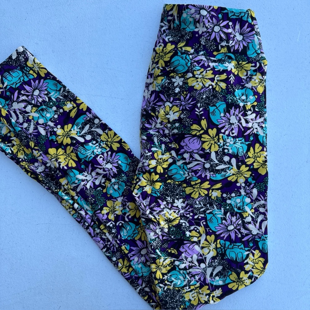 NWOT LuLaRoe OS One Size Women's Floral Leggings - Purple, Yellow, Blue